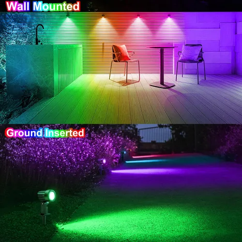 Vista 6 de MEIKEE 6 en 1 luces de paisaje RGB solares con control remoto, focos solares RGB LED que cambian de color, luces de punto RGB impermeables al aire