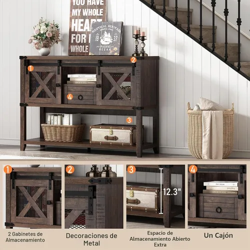 Vista 6 de Hlivelood Mesa de Entrada Estilo Granja con 2 Puertas Corredizas de Granero y Cajón, Mesa Consola Rústica de 46'' con Almacenamiento, Espacio
