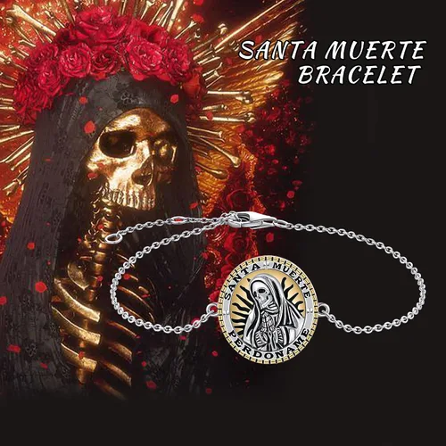Vista 6 de YAFEINI Pulsera de plata de ley 925 con dije de muerte de Santa Muerte para mujer, Plata de ley Plata, Sin gemas.