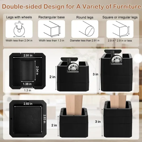 Vista 2 de Elevadores de cama, negro, 2 pulgadas de altura, diseño de doble cara para diferentes patas y ruedas de muebles, paquete de 4 (negro, 2 pulgadas)