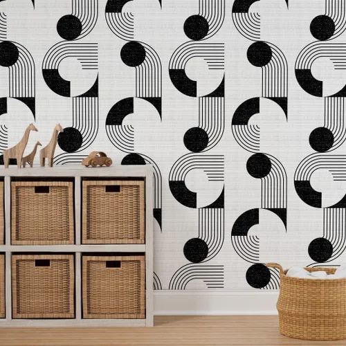Vista 7 de Spoonflower Black and White Mod Peel and Stick Removable Wallpaper Roll 24" x 144" Woven Look Graphic Bauhaus Monochrome Self-adhesive