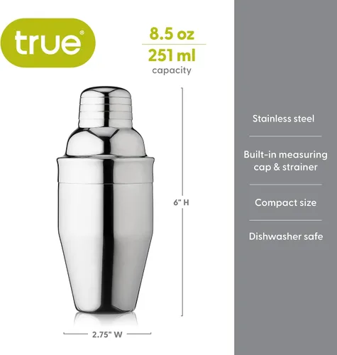 Vista 2 de True Contorno - Coctelera de acero inoxidable con colador de 8.5 onzas, coctelera con tapa y colador, coctelera de bebidas mixtas, coctelera de licor