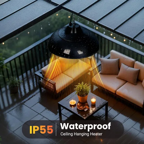 Vista 6 de Calentador eléctrico colgante de patio de 1500 W, calor instantáneo 3S, calentador de techo para exteriores con 3 modos, funcionamiento silencioso