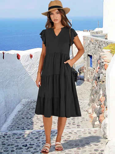 Vista 2 de ANRABESS Vestido de verano para mujer, manga con volantes, cuello en V, vestido midi a la moda, casual, holgado, escalonado, bohemio, playa