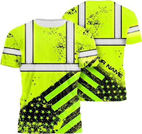 Vista 22 de Camisa de alta visibilidad de calavera con bandera de Estados Unidos para hombres, camisas de seguridad con nombre personalizado, ropa de trabajo