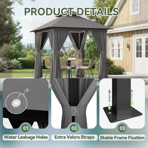 Vista 7 de Aoxun 8'x8' Outdoor Gazebo Metal Frame Canopy Tent with Curtains (Gray)