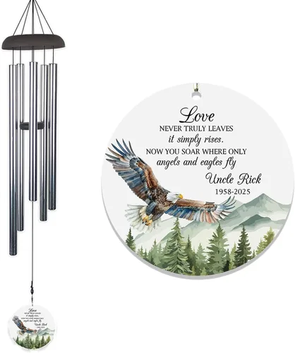 Vista 18 de Carillón de viento conmemorativo personalizado de 24" con alas de ángel – Tributo al aire libre personalizado grabado con nombre y fechas