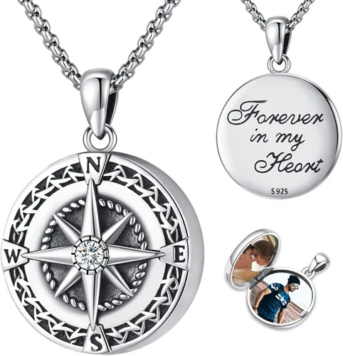Vista 20 de Collar de Brújula para Hombres y Mujeres de Plata de Ley 925 con Colgante de Urna para Cenizas, Colgante de Medallón con Foto, Collar de Ancla