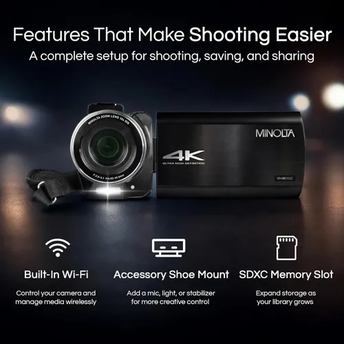 Vista 5 de Minolta Videocámara 4K Ultra HD con pantalla táctil de 3.5 pulgadas, zoom óptico de 10x, fotos de 28 MP, estabilizador digital, soporte de zapato