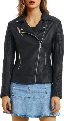 Vista 3 de Geschallino Chaqueta de piel sintética para mujer, ropa de primavera y otoño, abrigo de motociclista de moda
