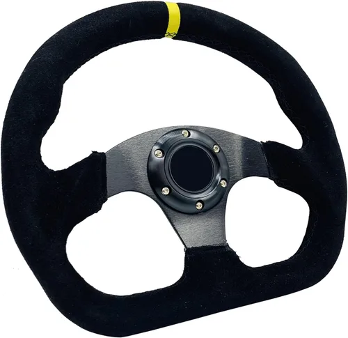 Vista 8 de Volante de carreras de 13"/325mm en forma de D, de piel de ante, con franja roja, estilo carrera, fondo plano, con costuras rojas y botón de bocina