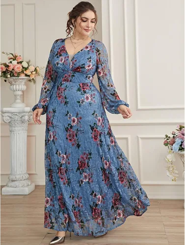Vista 3 de TOLEEN Vestido de talla grande para mujer cuello en V bordado rosa elegante formal con malla