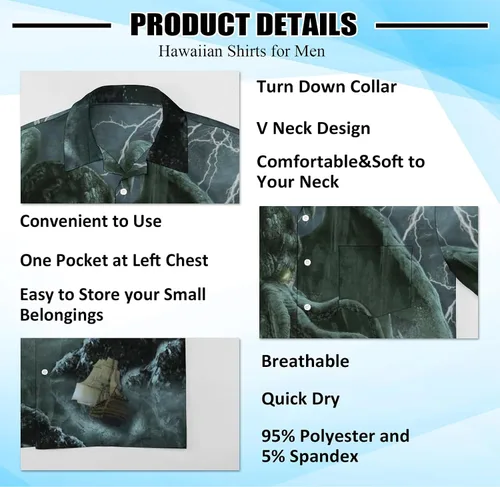 Vista 3 de Socira Camisas con botones para hombre, transpirables, de manga corta, hawaianas, divertidas camisas de playa Aloha, camisetas hawaianas de verano