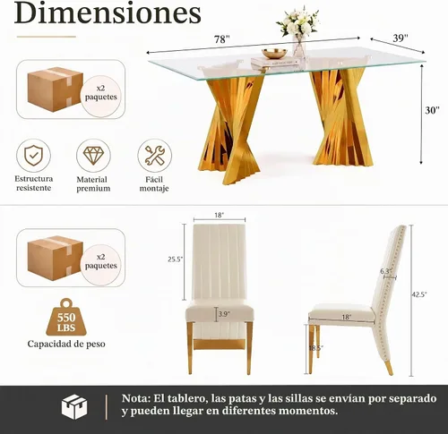 Vista 2 de Juego de mesa de comedor de 5 piezas, juego de mesa de comedor para 4, mesa de comedor de vidrio transparente con 4 sillas de comedor tapizadas