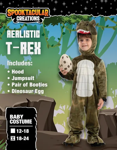 Vista 6 de Spooktacular Creations Disfraz realista de T.rex para Halloween, traje de dinosaurio con huevo Marrón