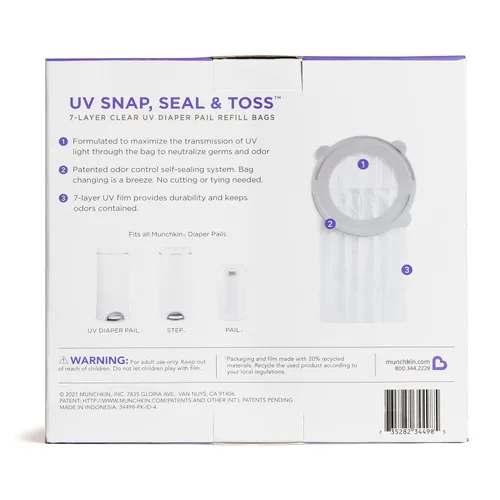 Vista 2 de Munchkin® Bolsas de repuesto UV Snap, Seal & Toss™ para pañales con capacidad para hasta 600 pañales para recién nacidos, paquete de 20