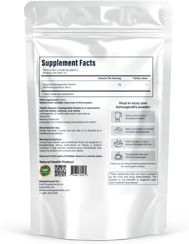 Vista 2 de Polvo orgánico de Ashwagandha – Sin OMG, adaptógeno de espectro completo – Soporte para alivio del estrés, sueño y energía – 0.18 oz por cucharada.