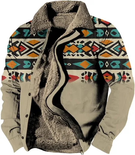 Vista 18 de LOAIHA Chaqueta de invierno para hombre, chaqueta azteca occidental para hombre, con cremallera, forro polar cálido, chaqueta vaquera, étnica vintage
