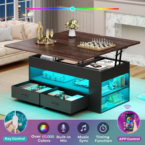 Vista 6 de Itaar - Mesa auxiliar con tapa elevable, mesa de centro 4 en 1 con almacenamiento y compartimento oculto, mesa de centro de estilo granja con 2