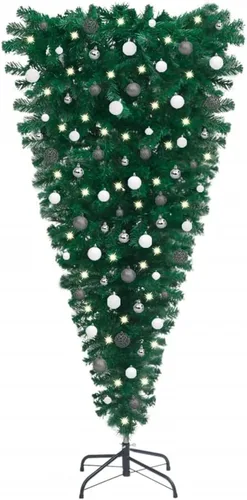 Vista 11 de Árbol de Navidad artificial verde al revés de 5 pies con 150 luces LED y bolas de Navidad doradas, árbol de Navidad artificial completo