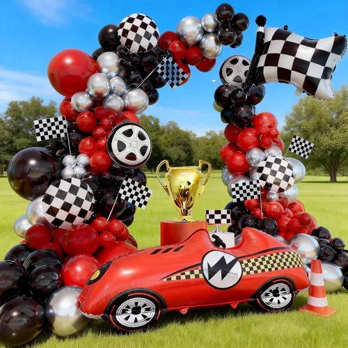 Vista 7 de Kit de arco de globos de auto de carreras, decoración de cumpleaños de coches de carreras, fiesta de cumpleaños, bandera roja, negra y plateada, kit