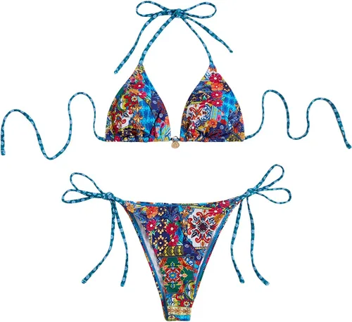 Vista 15 de WDIRARA Traje de baño de dos piezas para mujer estilo boho con estampado floral, conjunto de bikini halter con tiras en forma de triángulo