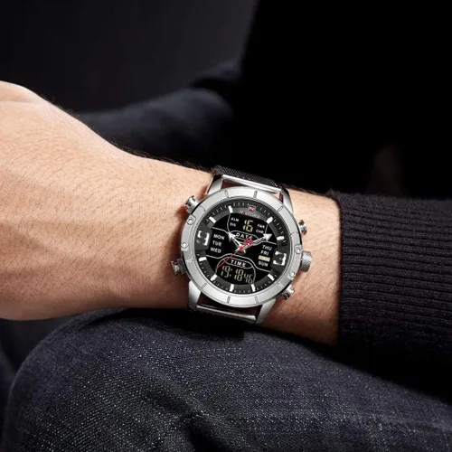 Vista 2 de Naviforce hombres reloj impermeable multifunción LED digital cuarzo relojes pulsera acero inoxidable malla correa