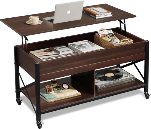 Vista 13 de WLIVE Mesa de Centro, Mesa de Centro Elevable de 41.3" con 4 Ruedas, Compartimento Oculto, Estante de Almacenamiento y Superficie Elevable para Sala