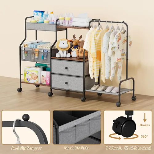 Vista 5 de BBLIKE Organizador de pañales con estante para colgar, carrito utilitario rodante de 3 niveles con cajones y divisores para almacenamiento