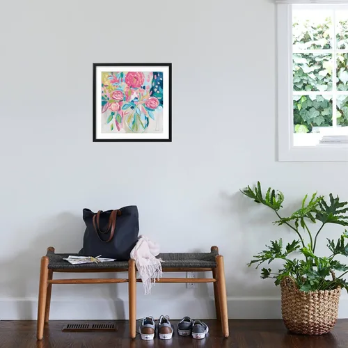 Vista 4 de ART.COM Farida Zaman - Lienzo enmarcado para pared, diseño floral rosa de verano, decoración botánica, 16 x 16 pulgadas, marco negro con paspartú