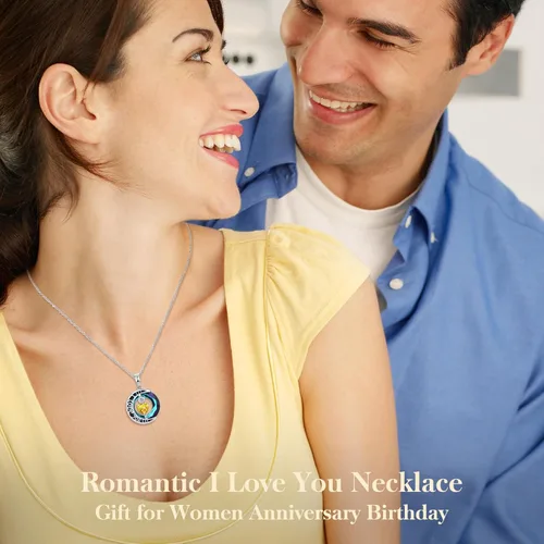 Vista 23 de Collares de cristal para mujer, regalos para aniversario de esposa, regalos de cumpleaños para mujeres, collar de zafiro azul con la frase "I Love