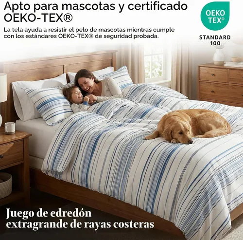 Vista 7 de Juego de edredón costero individual XL con 1 funda de almohada, ropa de 1 - Rayas costeras azules