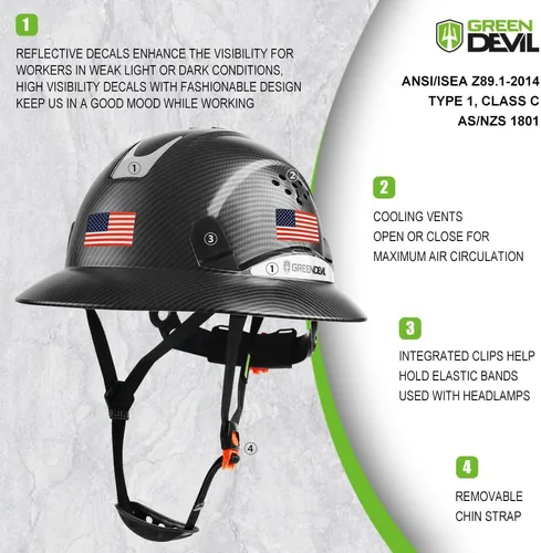 Vista 3 de GREEN DEVIL Casco de seguridad de construcción ventilado de ala completa, casco de seguridad aprobado por la OSHA Cascos De Construccion ABS