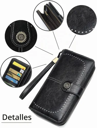 Vista 4 de Billetera de cuero para mujer, de gran capacidad, con cremallera, cartera con cremallera para mujer 1-negro