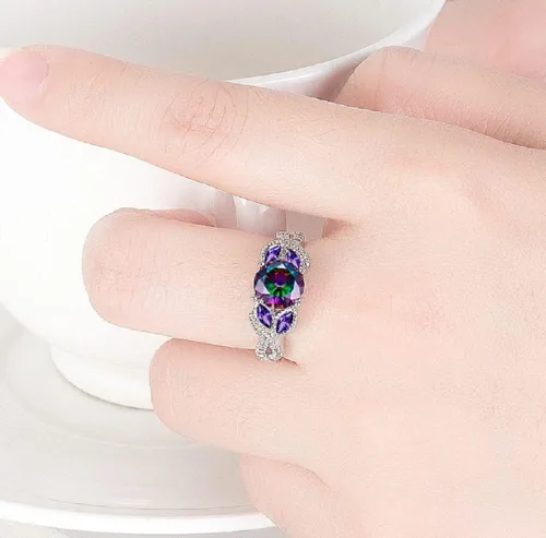 Vista 3 de Awmnjtmgpw - Anillo de compromiso de plata de ley 925 con topacio arcoíris para mujer, anillo de diamantes de corte princesa, anillo de diamantes