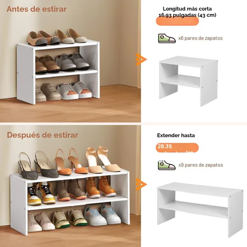 Vista 5 de Organizador de zapatos blanco expandible de 2 niveles para armario, estante de almacenamiento apilable para zapatos, estantes pequeños de zapatos
