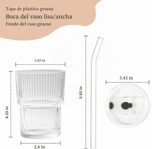 Vista 6 de Juego de 2 vasos de vidrio acanalado con tapas y pajitas de 13 onzas 2 unidades transparentes de 13 onzas