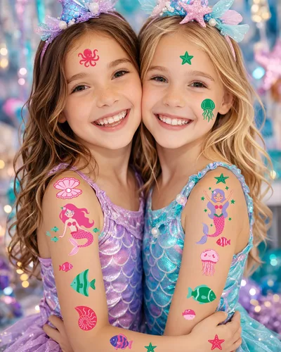 Vista 4 de Tatuajes temporales de sirena para niños, 106 bonitos diseños de océano y sirena, impermeables, no tóxicos y agradables al tacto, fáciles