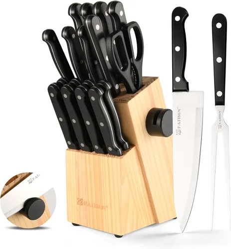 Vista 8 de Juego de cuchillos de cocina, juego de cuchillos de 14 piezas con bloque de madera, autoafilables para juego de cuchillos de chef, juego de bloques