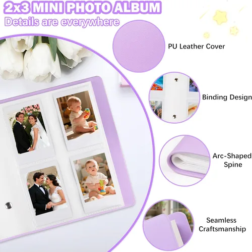 Vista 4 de Ruibytree Mini álbum de fotos con 256 bolsillos para cámara instantánea Fujifilm Instax Mini 12, 11, 9, 8+ 8, LiPlay, álbum de imágenes para Morado