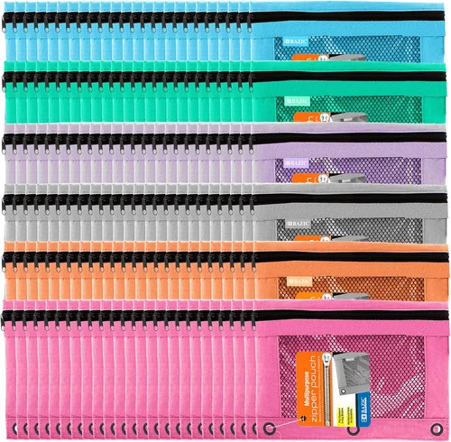 Vista 10 de BAZIC PRODUCTS Estuche para lápices de 3 anillos con agujeros de anillos reforzados con remaches, bolsa de malla de color pastel con cremallera