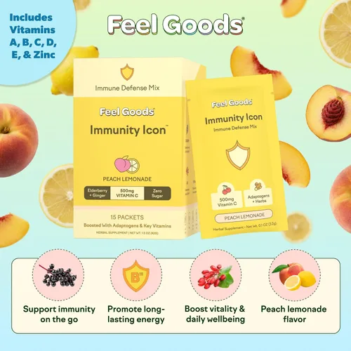 Vista 2 de Feel Goods Icono de inmunidad, paquetes de polvo de apoyo inmunológico de vitamina C, 500 mg de vitamina C, saúco, jengibre, cúrcuma y vitaminas