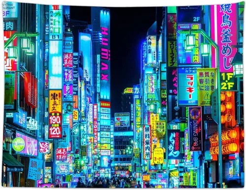 Vista 7 de iTapnoom Tapiz de anime japonés de neón punk, ciudad futurista, tapiz para colgar en la pared para hombres y niños, dormitorio, futuro fresco