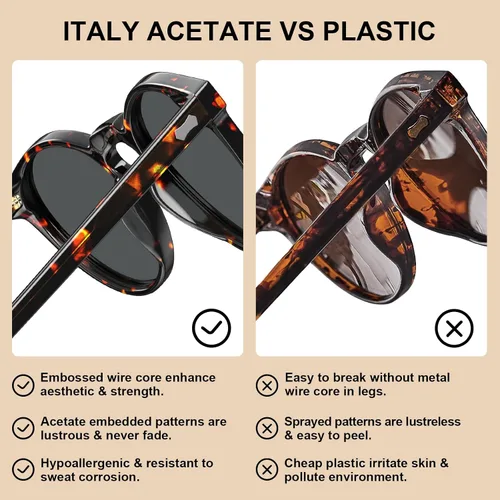 Vista 62 de CARFIA Gafas de sol polarizadas de acetato redondo para mujer, protección UV de cara pequeña con funda de cuero CA5288