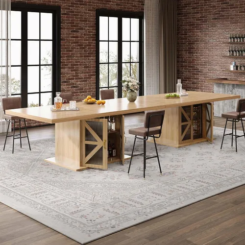 Vista 3 de LVB Mesa de comedor para 4-6, moderna mesa de comedor de madera, mesa de cocina rectangular de granja con espacio de almacenamiento y refrigerador
