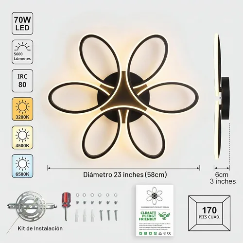 Vista 6 de Moderna lámpara LED de techo, 23 pulgadas, 70 W, con control remoto/aplicación, lámpara de montaje empotrado regulable para sala de estar, comedor