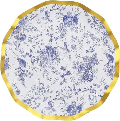 Vista 7 de Efavormart - Paquete de 25 platos de postre de papel chino chino azul y blanco con borde ondulado dorado de 11.32 oz/m² para recepciones y fiestas