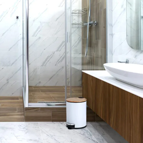 Vista 7 de SIDIANBAN Cubo de basura pequeño para baño con tapa de bambú, cierre suave y pedal de pie, cubo de basura redondo de 1.3 gales/5 litros con papelera