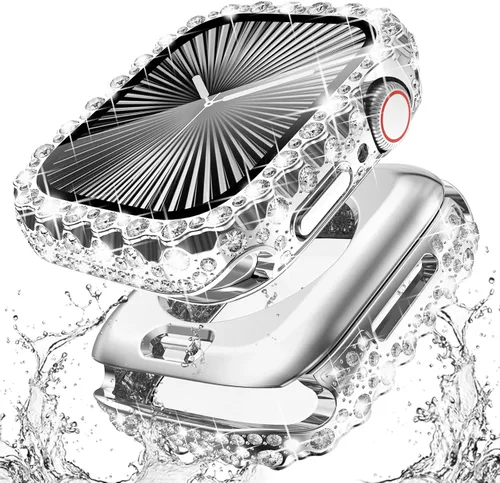 Vista 21 de Surace - Carcasa impermeable 2 en 1 para Apple Watch Series 6, 5, 4, SE de 1.575 pulgadas Lace Edge Diamond Protective Bumper Cover Built-in