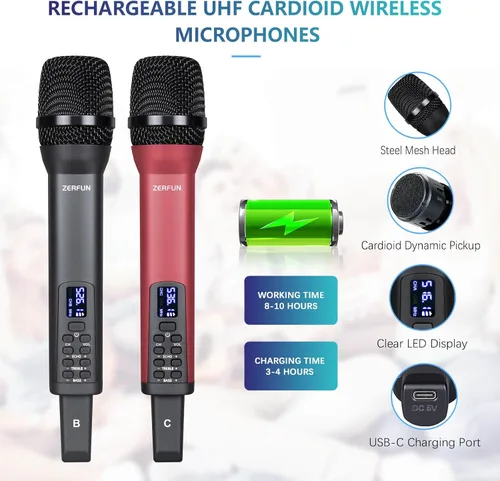 Vista 5 de Sistema de micrófono inalámbrico recargable de 4 canales Pro, micrófonos inalámbricos de mano UHF con control VOL Echo Treble BASS, pantalla LCD
